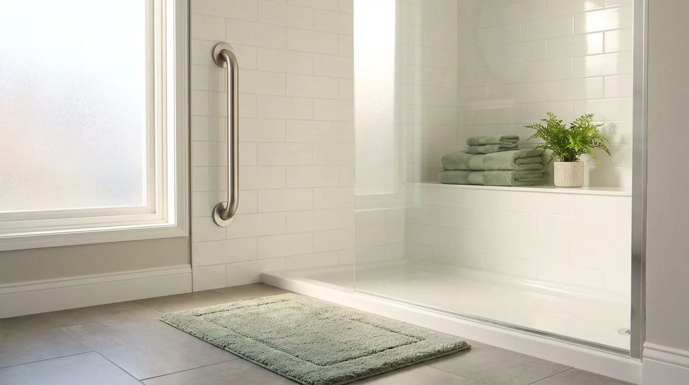 Barre d'appui inox installee pres d'une douche