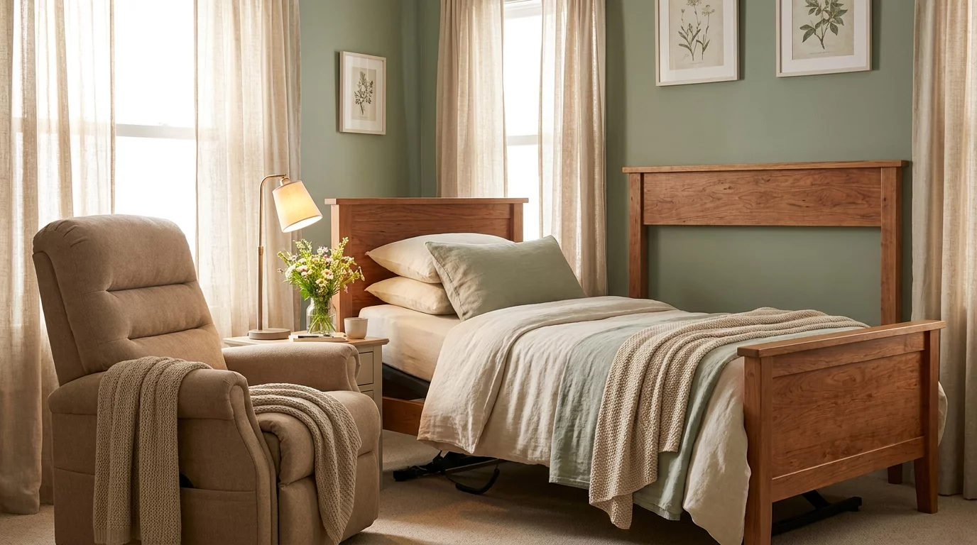 Chambre amenagee avec lit medicalise et fauteuil releveur