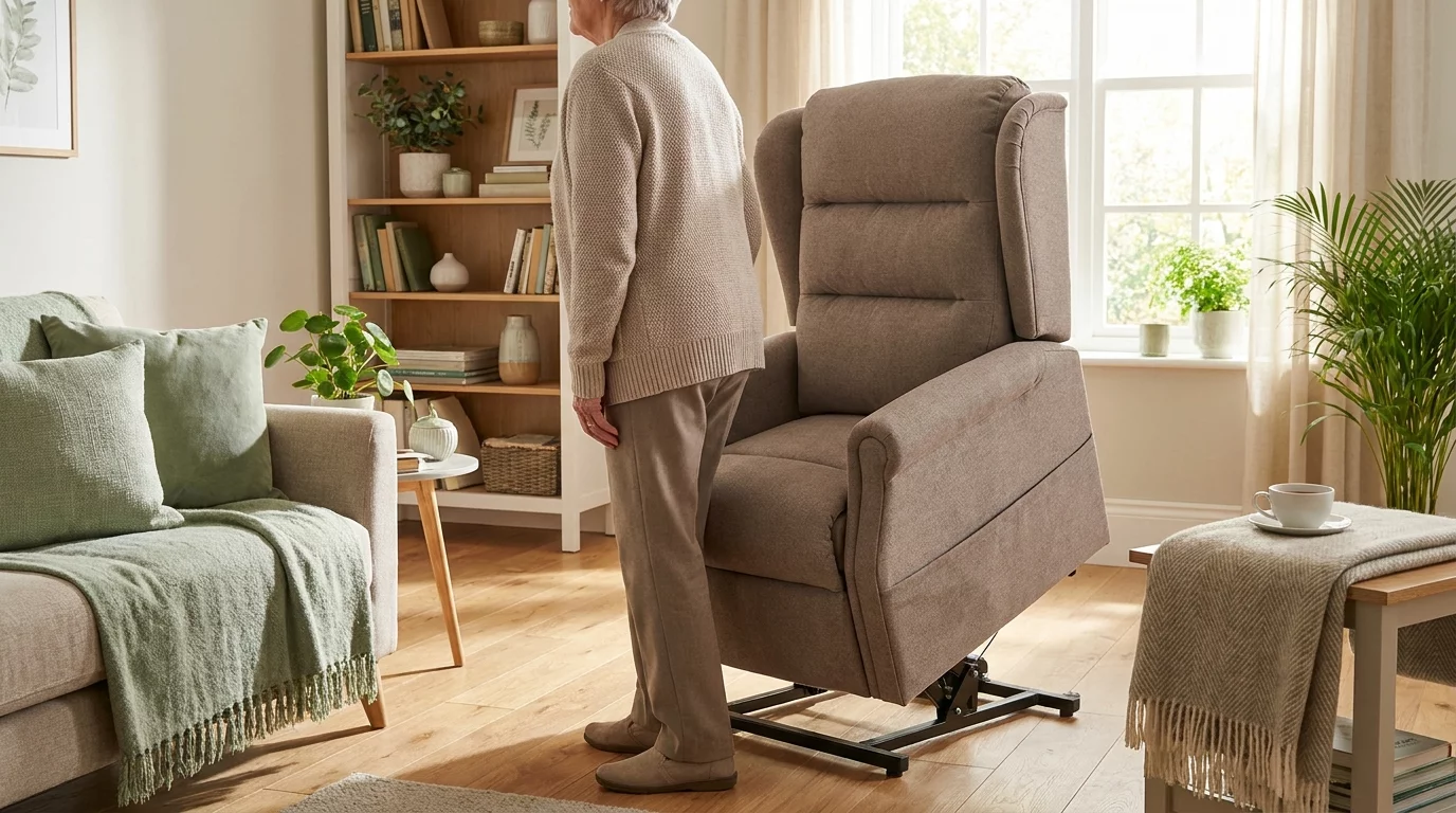 Fauteuil releveur en position relevee aidant une personne a se lever