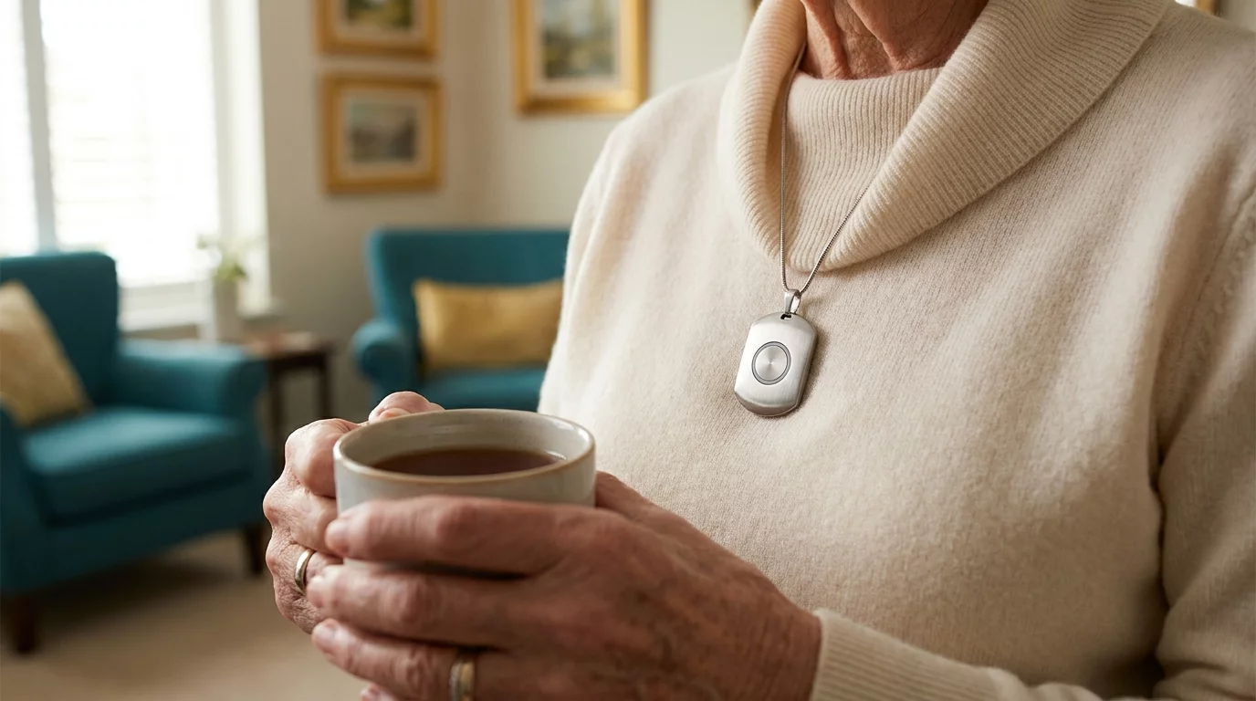Medaillon de teleassistance porte par une personne agee