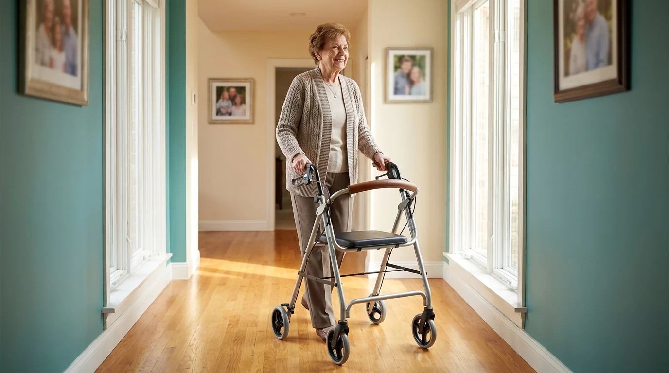 Personne agee utilisant un deambulateur dans un couloir de maison