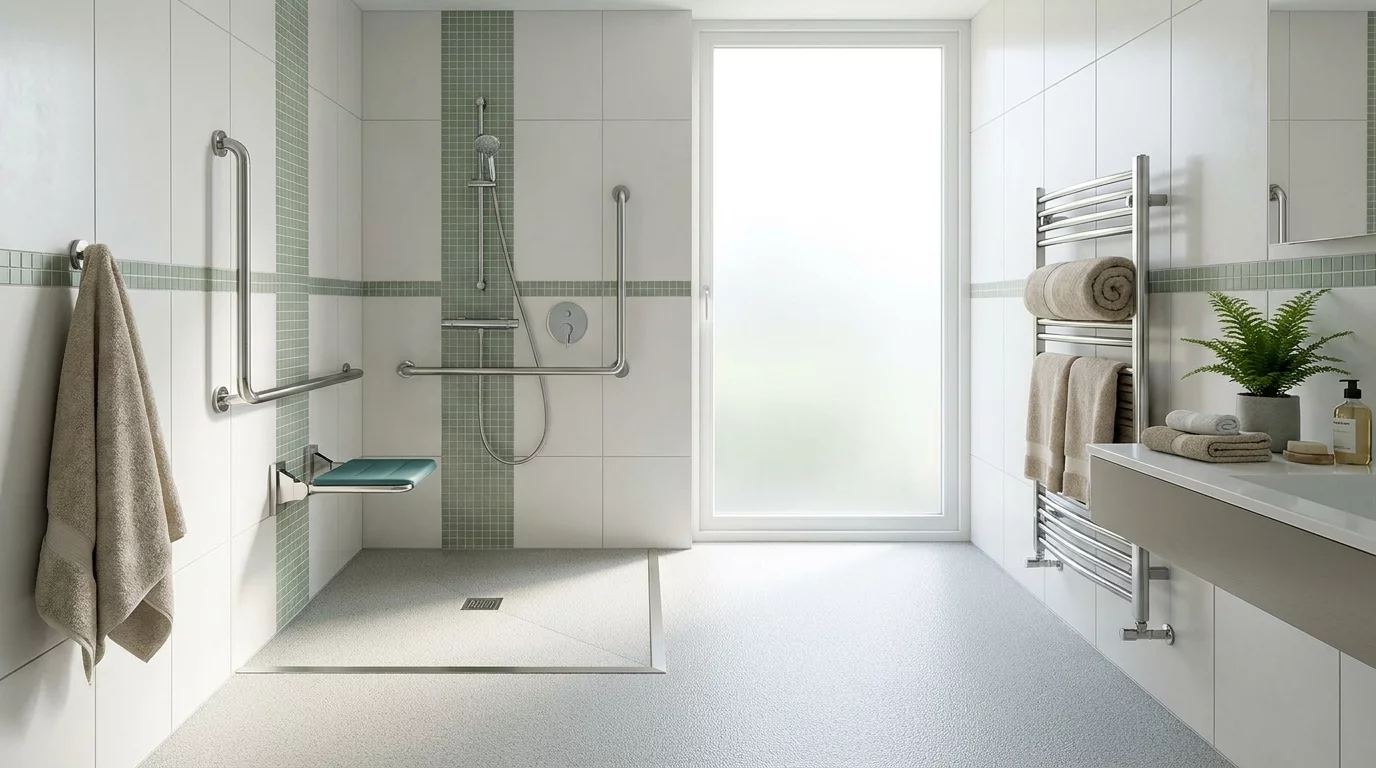 Salle de bain adaptee avec barres d'appui et siege de douche