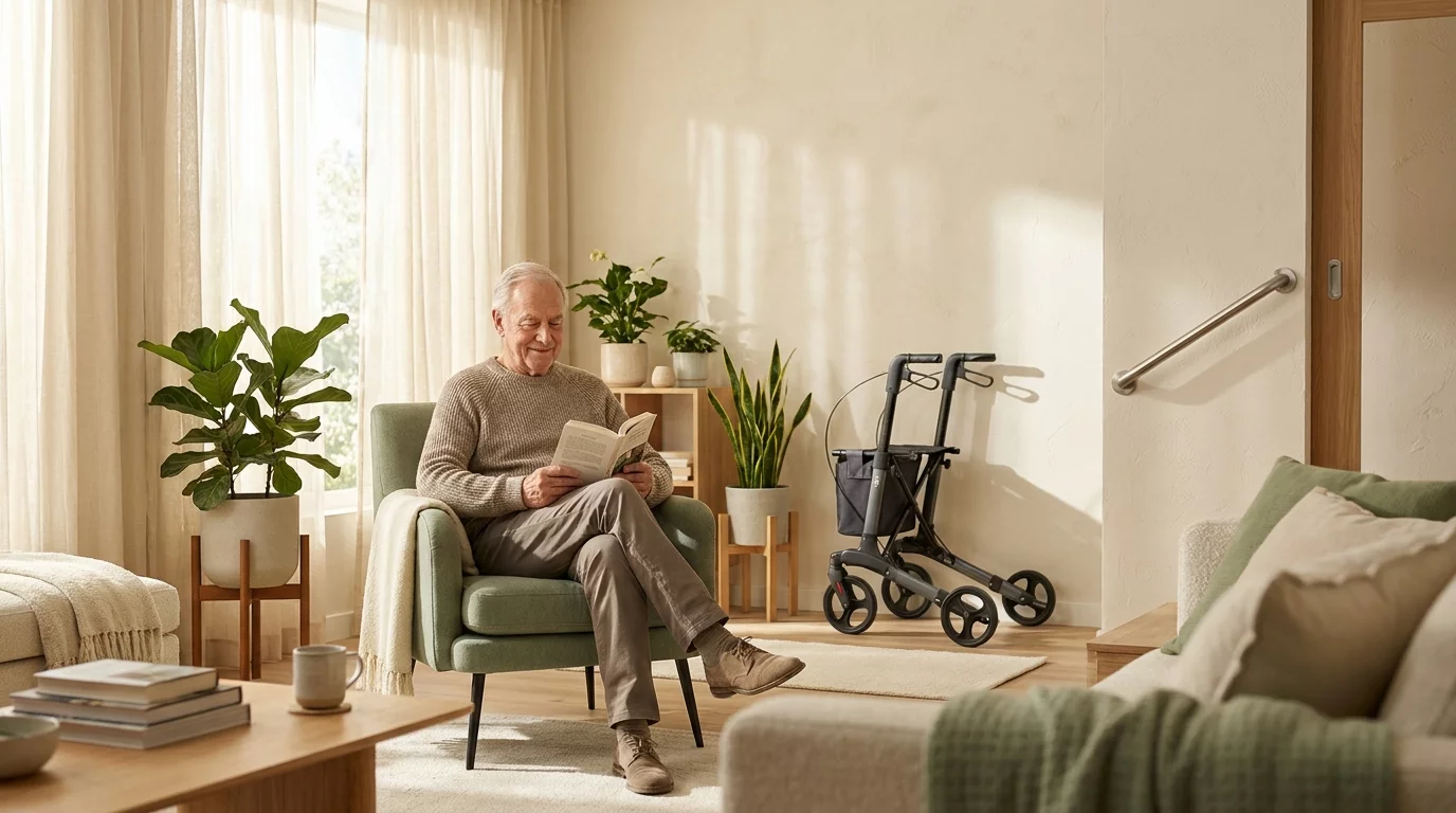 Senior souriant dans son salon equipe de materiel adapte