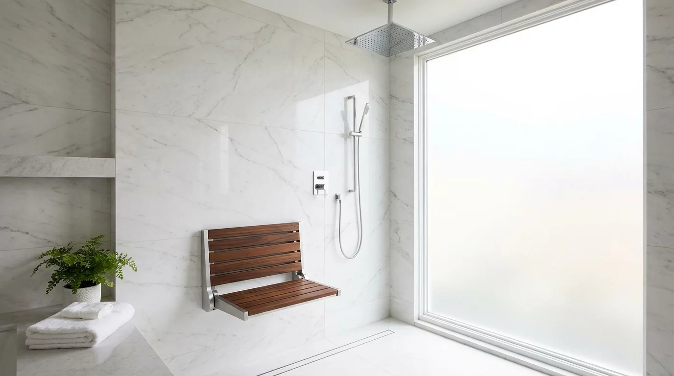 Siege de douche rabattable installe dans une douche italienne